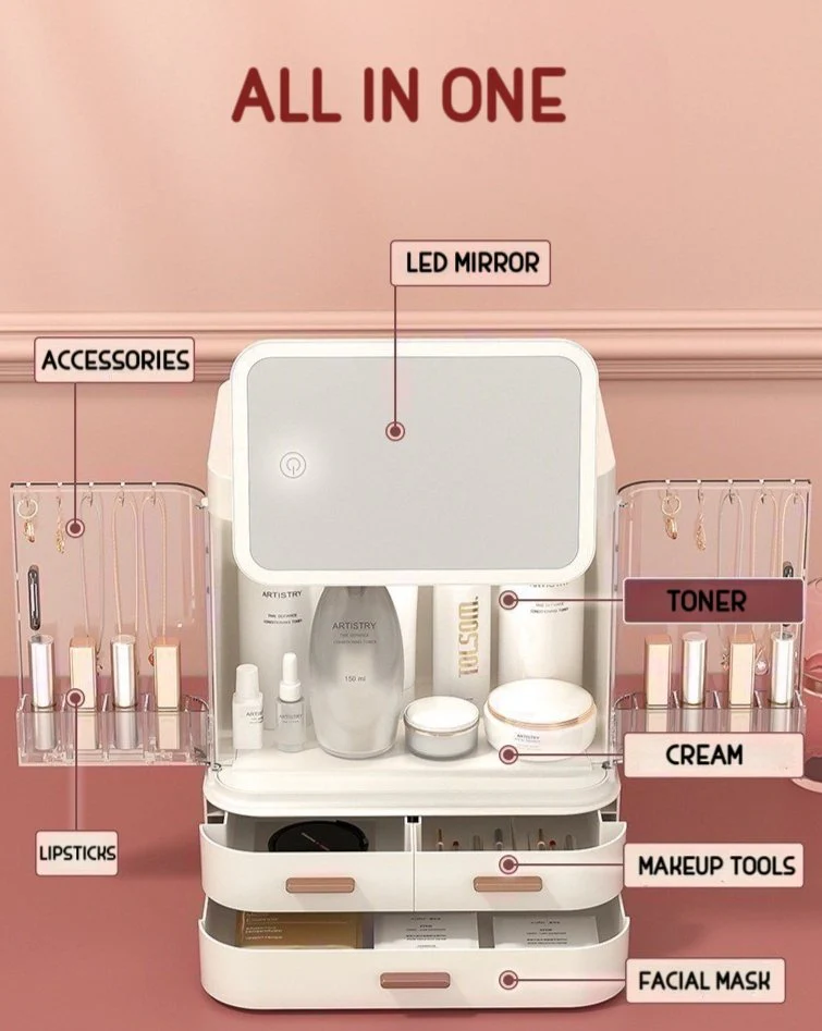 All-in-one Organizer with Led Mirror for Makeup Skincare & Accessories - Image 2