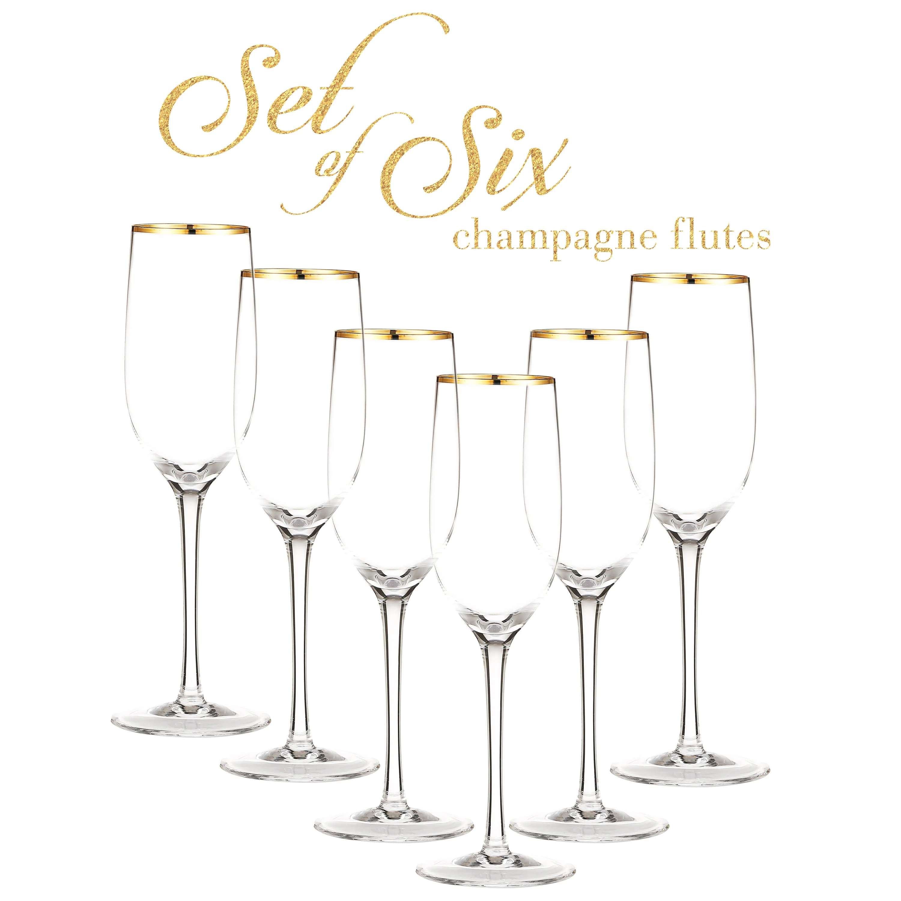Berkware Crystal Champagne Flutes with Gold tone Rim - Set of 6 - Image 2