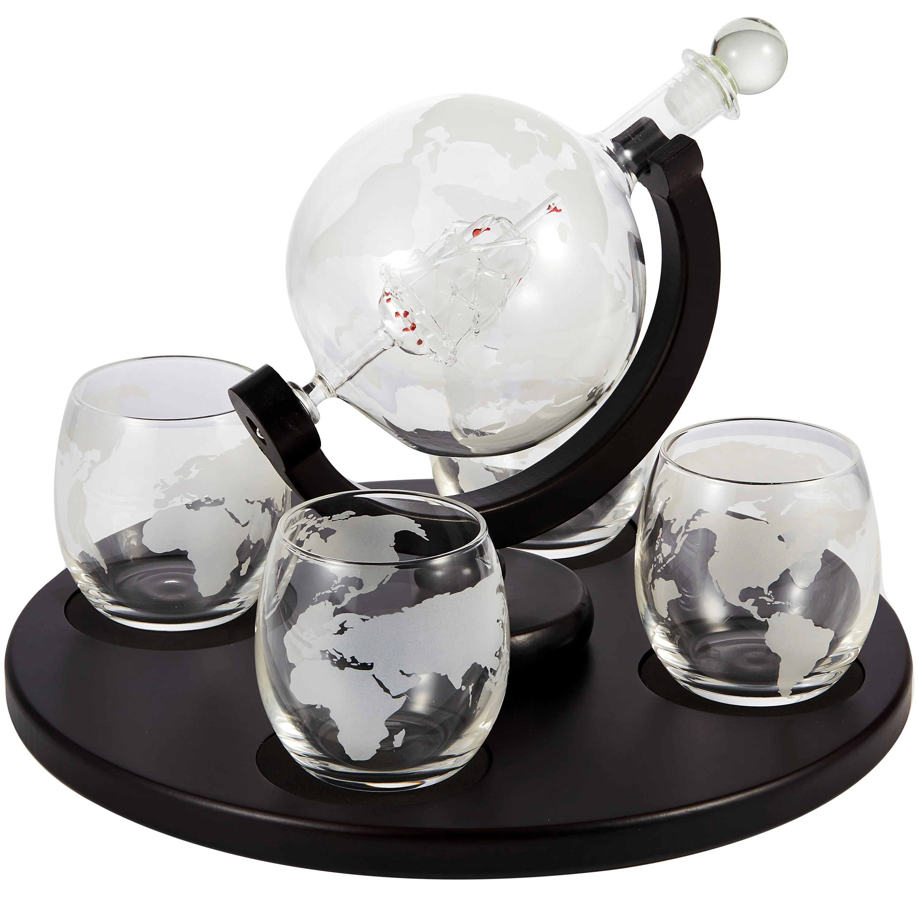 Berkware Globe Whiskey Decanter and 4 Cups Set with Wood Base - Image 4
