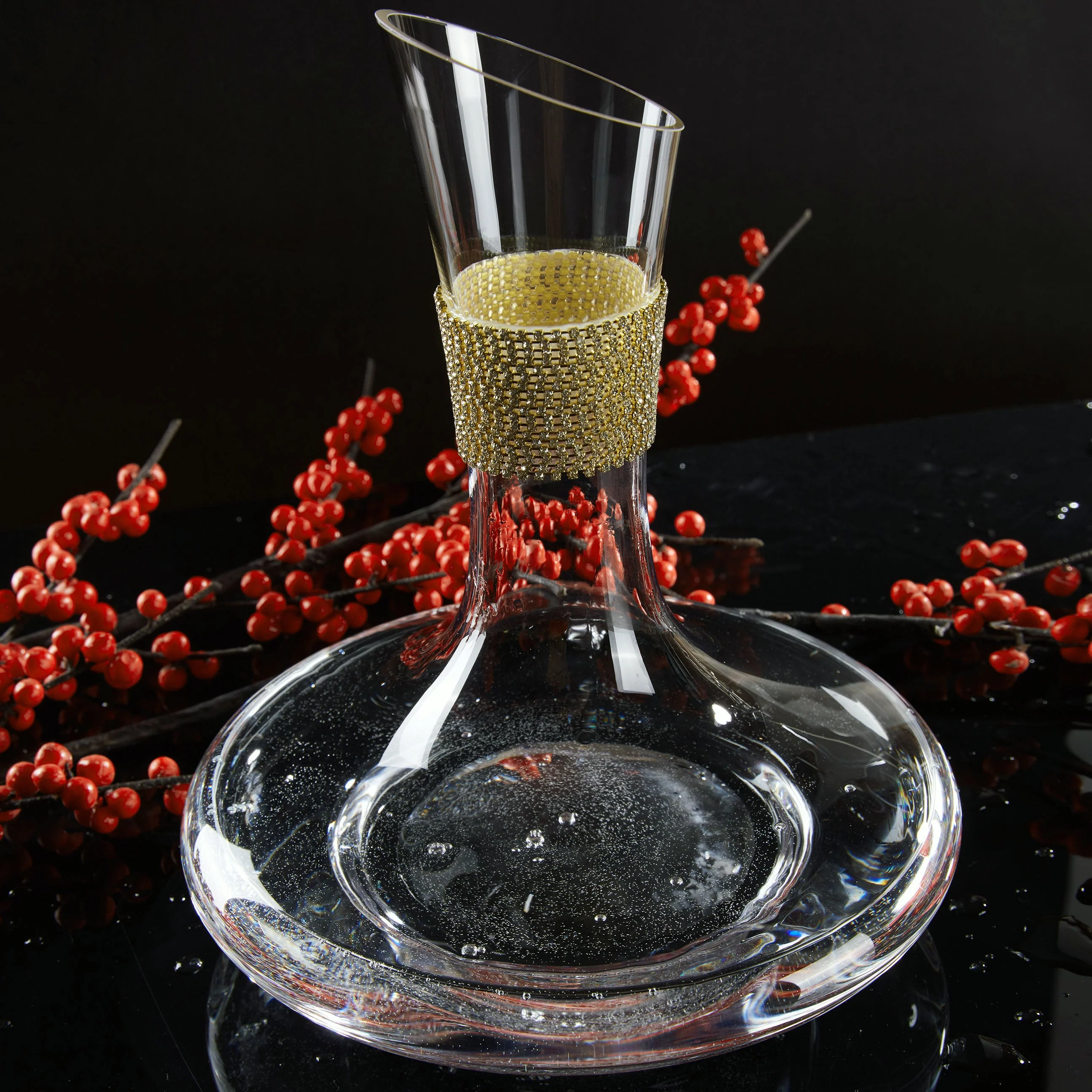 Berkware Red Wine Decanter - Luxurious 750ml Wide Base Glass Wine Carafe with Dazzling Rhinestone Design (Gold tone) - Image 4