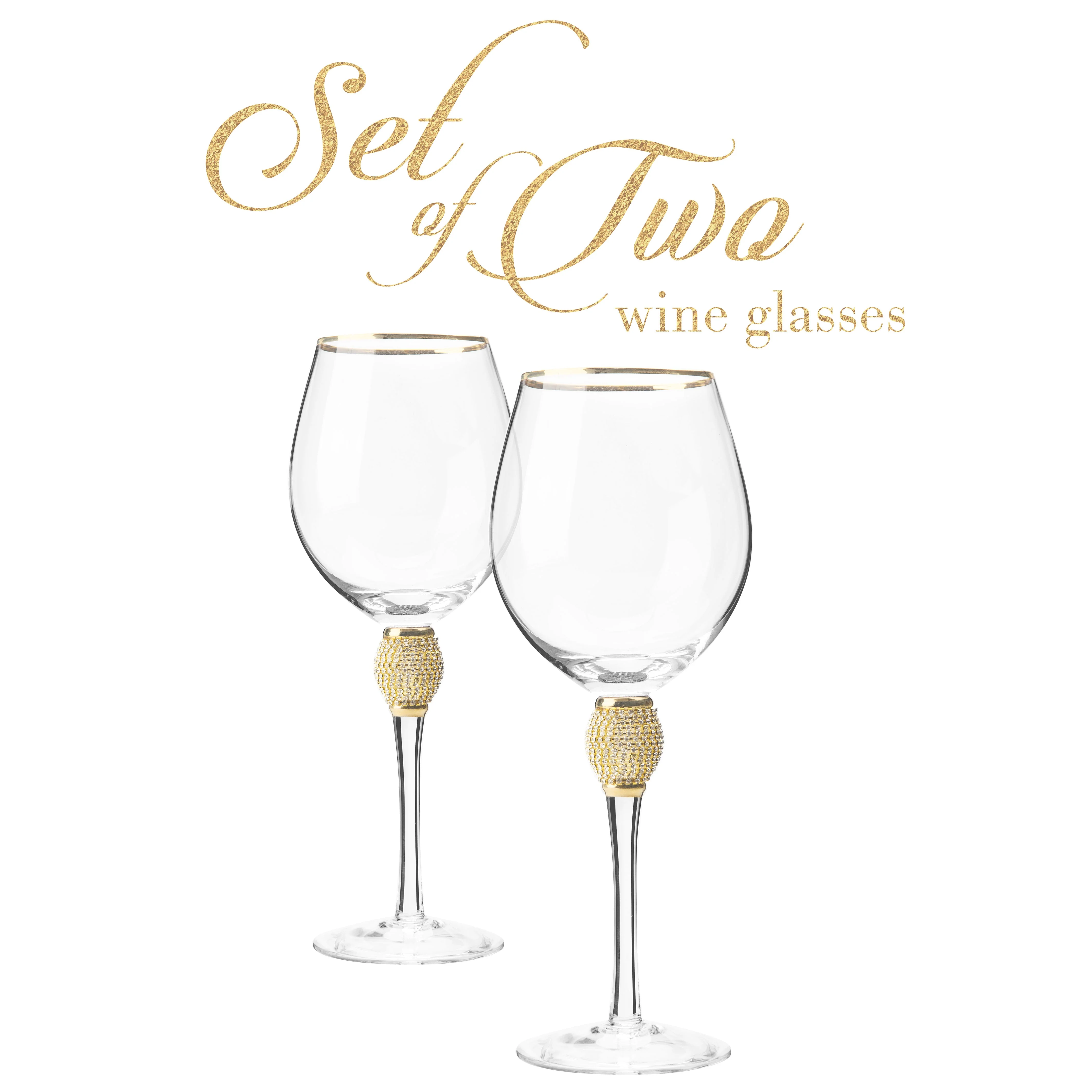 Berkware Red Wine Glass with Rhinestone Design and Gold Rim, Set of 2