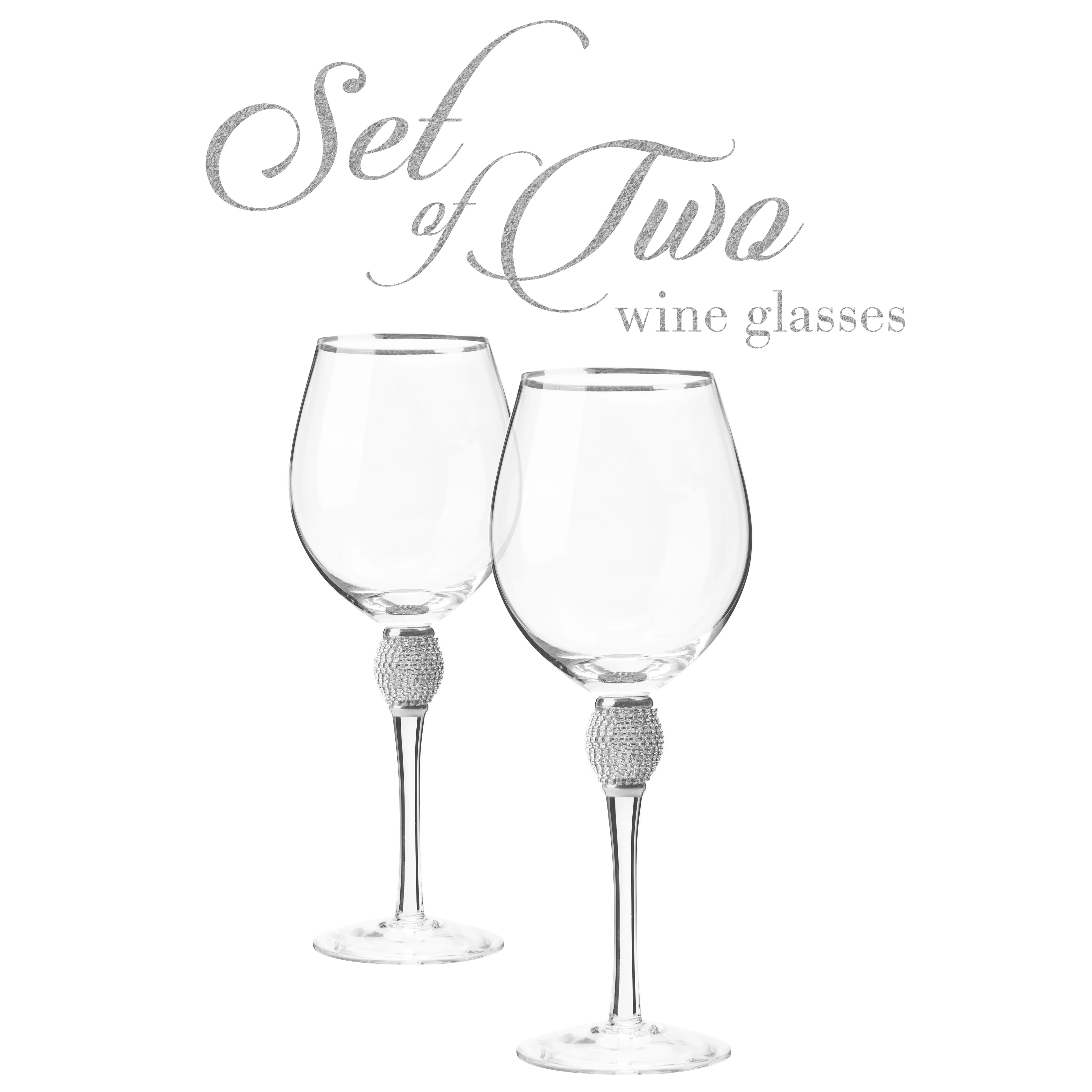 Berkware Red Wine Glass with Rhinestone Design and Silver Rim, Set of 2 - Image 2