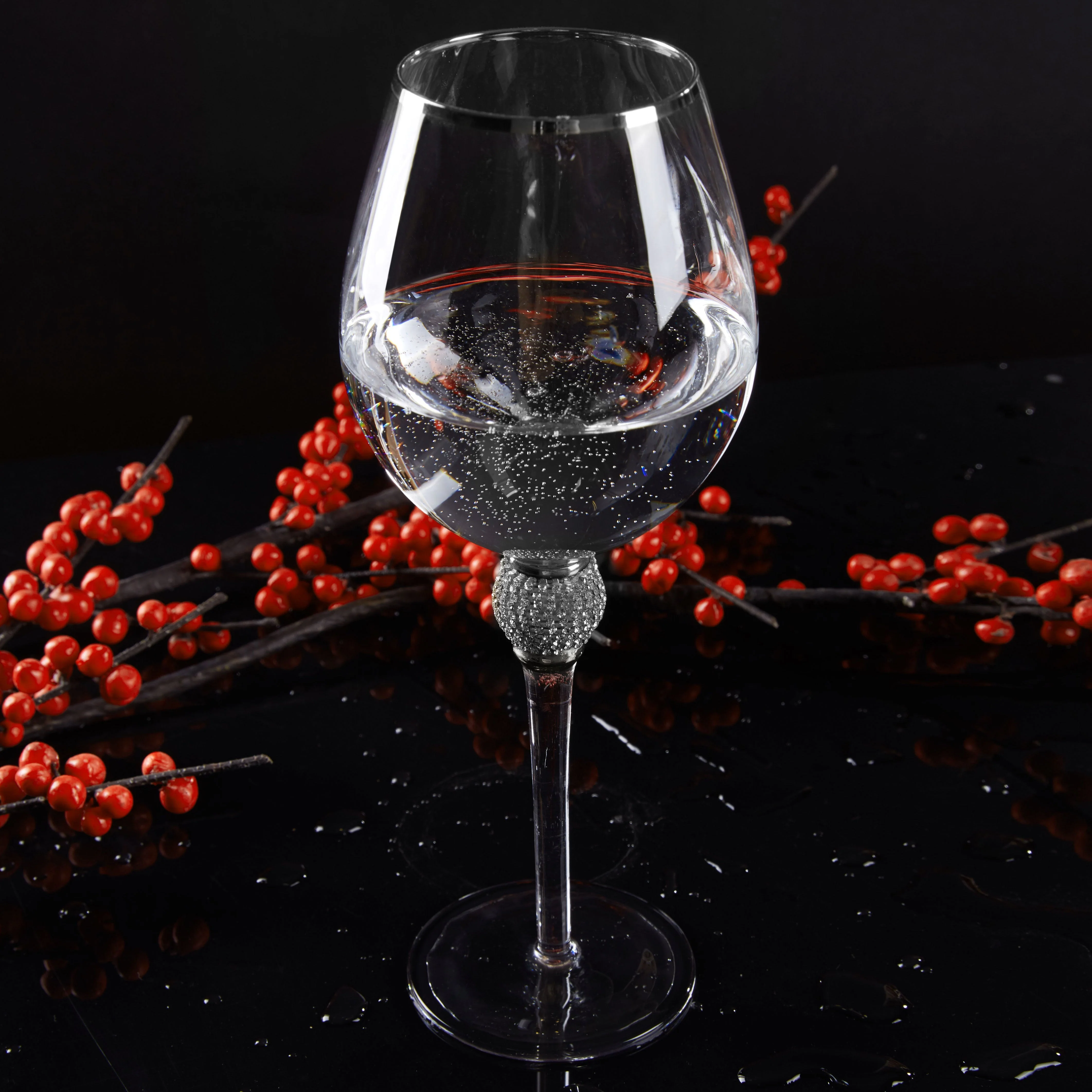 Berkware Red Wine Glass with Rhinestone Design and Silver Rim, Set of 2 - Image 7