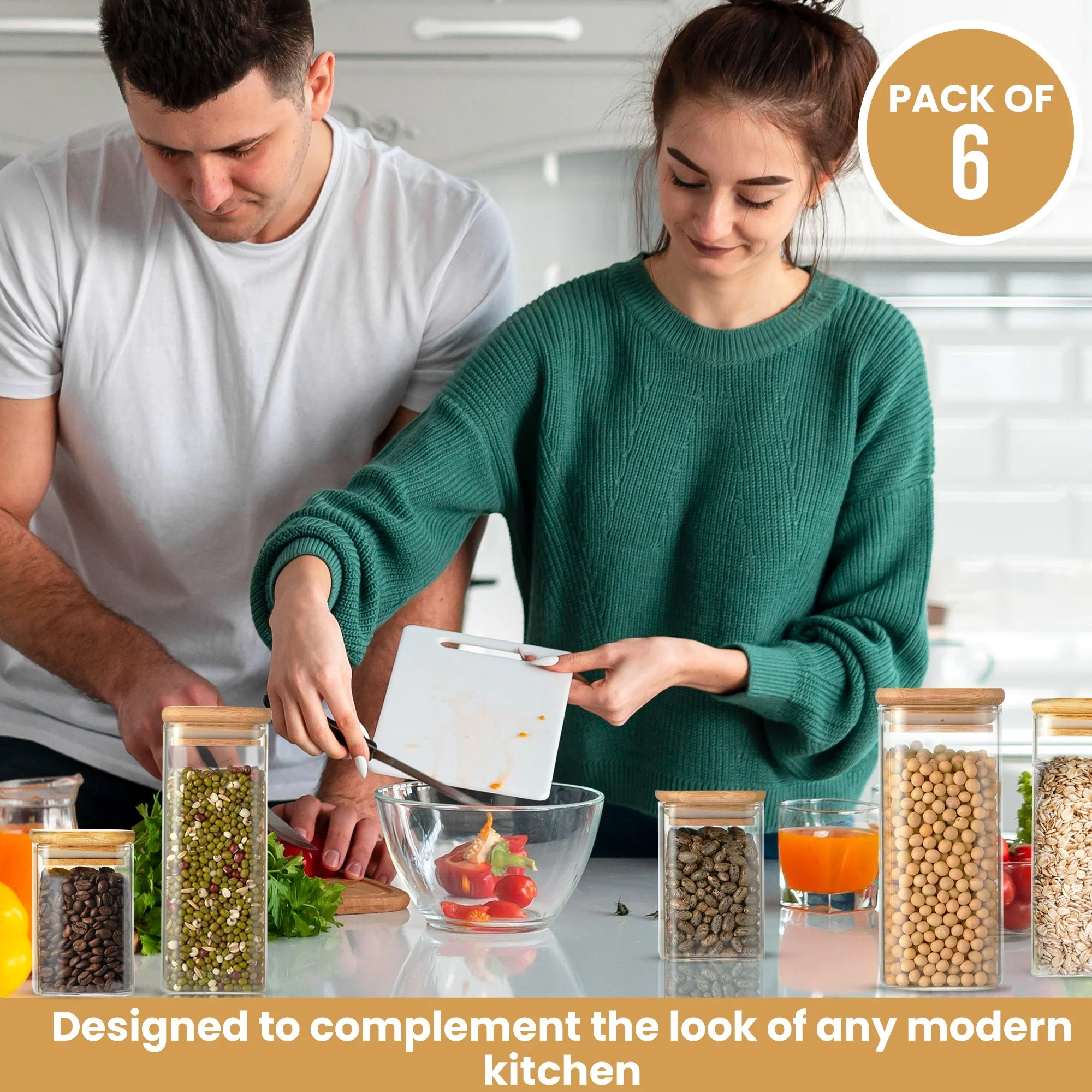 Berkware Square Food Storage Glass Jars with Bamboo Covers, Set of 6 - Image 4