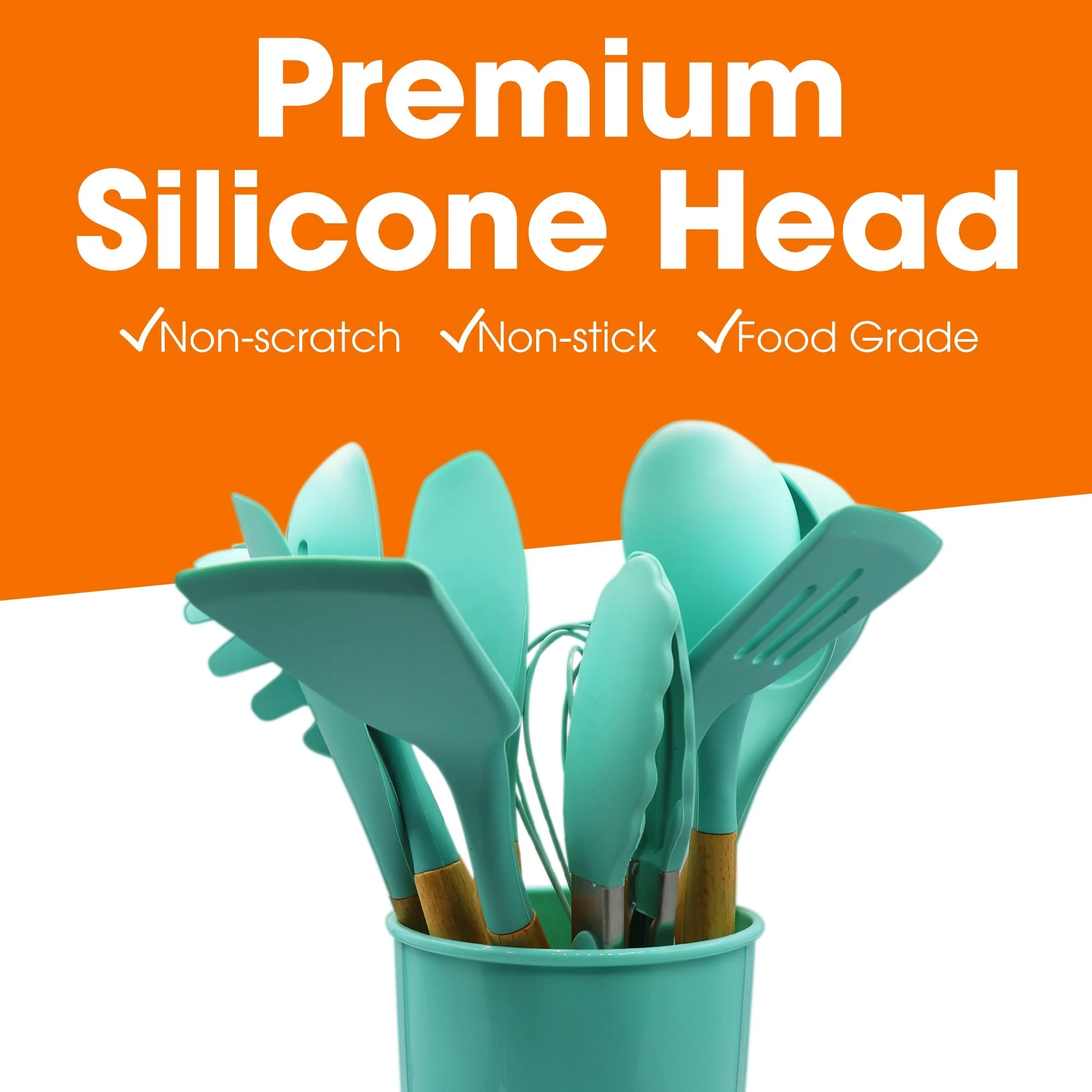 Cheer Collection 12 Piece Silicone Spatula Set with Wooden Handles - Non-Stick Silicone Utensils for Cooking, Aqua - Image 2