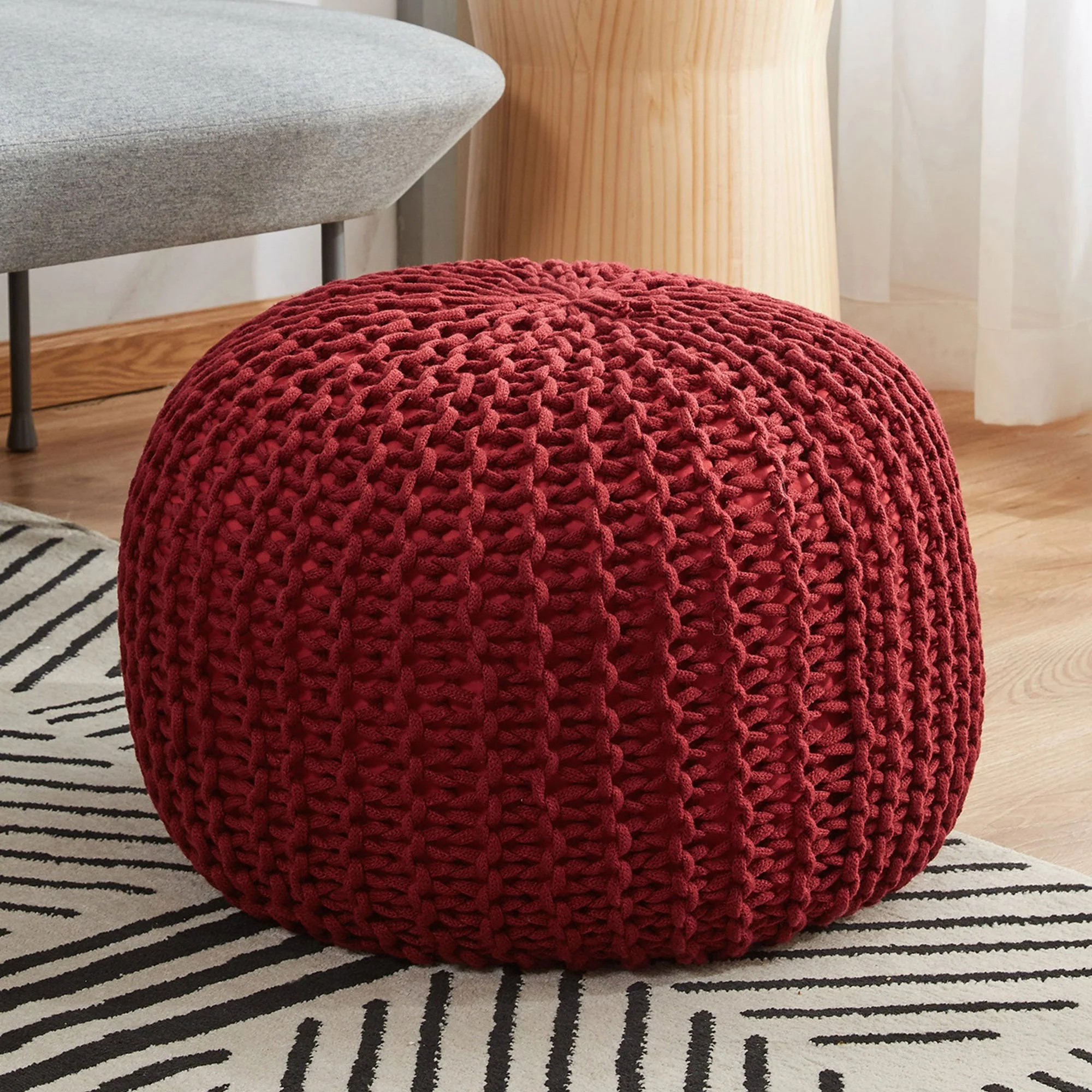 Cheer Collection 18" Round Pouf Ottoman - Chunky Hand-Knit Decorative and Comfortable Foot Rest - Image 7