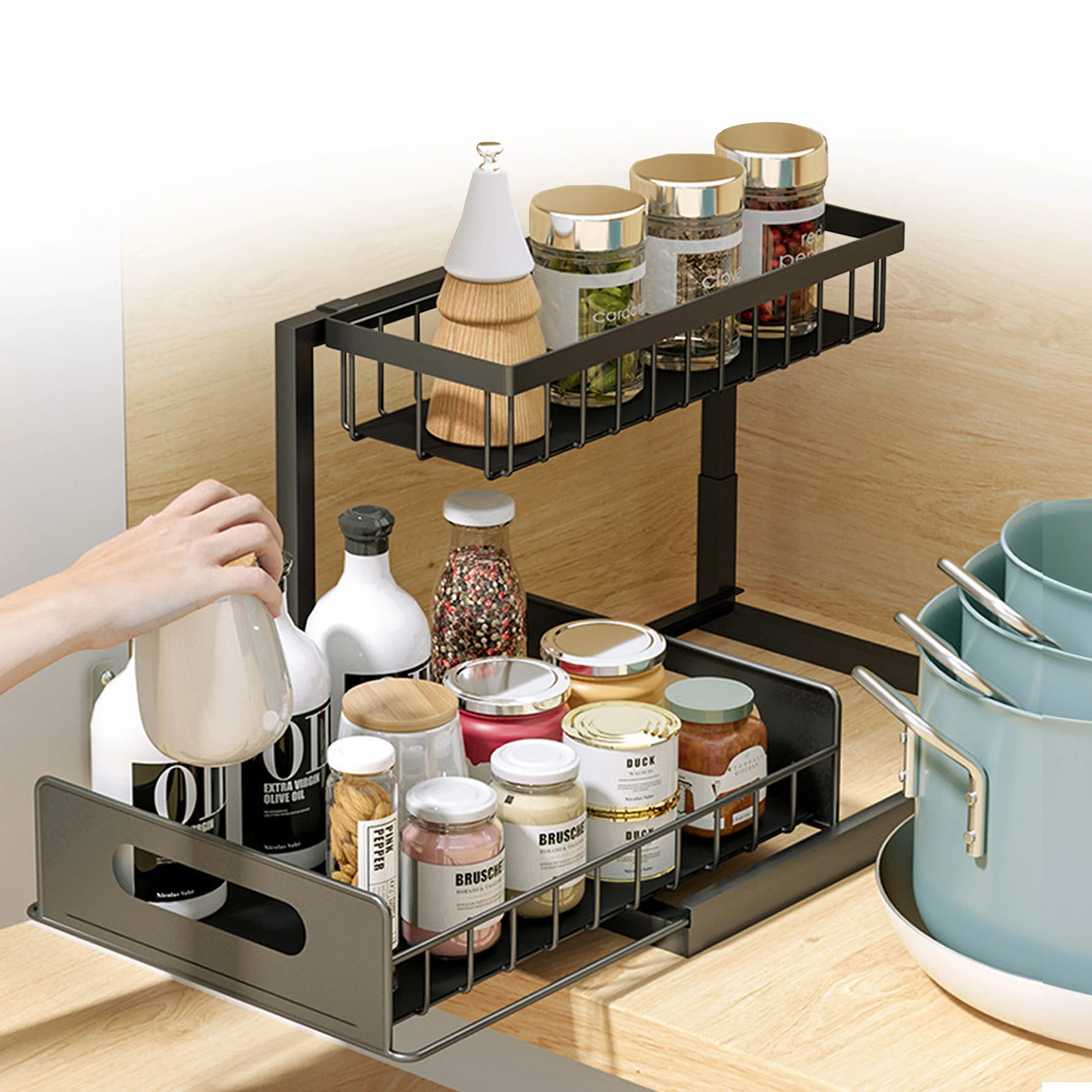 Cheer Collection 2-Tier Under Sink Organizer – Heavy-Duty Metal Frame with Pull-Out Design for Kitchen, Bathroom, and Pantry Storage - Image 5