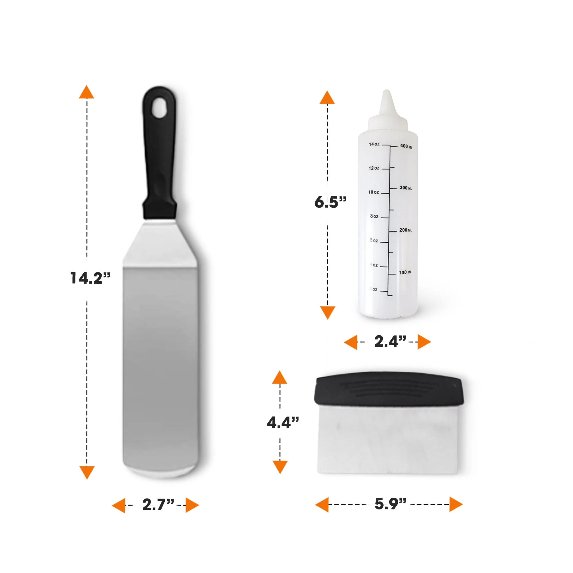 Cheer Collection 5-Piece Stainless Steel Griddle Set – Spatulas, Scraper, and Squeeze Bottles for BBQ, Grill, and Kitchen Cooking - Image 3