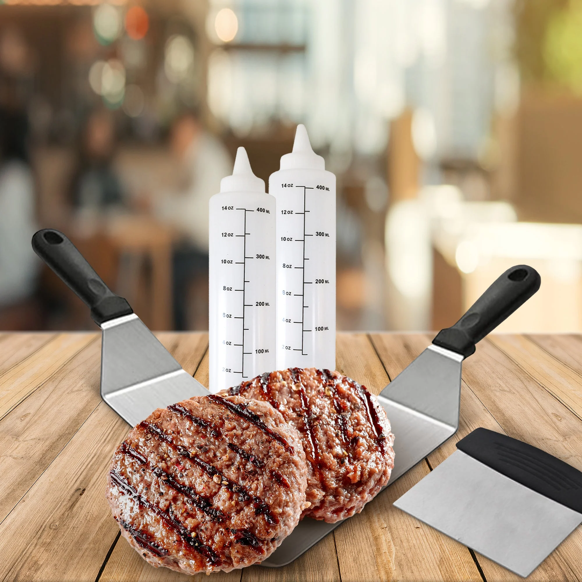 Cheer Collection 5-Piece Stainless Steel Griddle Set – Spatulas, Scraper, and Squeeze Bottles for BBQ, Grill, and Kitchen Cooking - Image 4