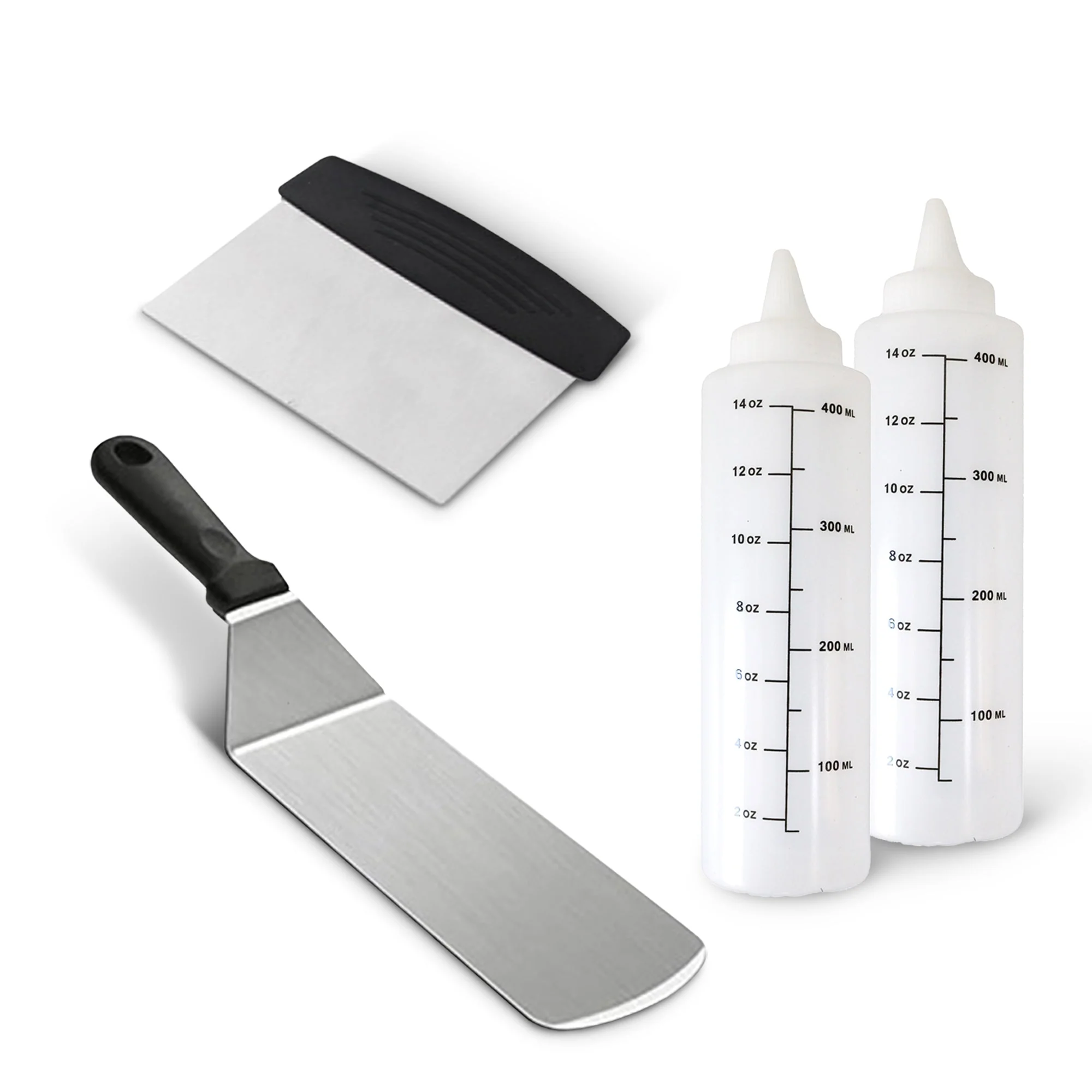 Cheer Collection 5-Piece Stainless Steel Griddle Set – Spatulas, Scraper, and Squeeze Bottles for BBQ, Grill, and Kitchen Cooking - Image 6