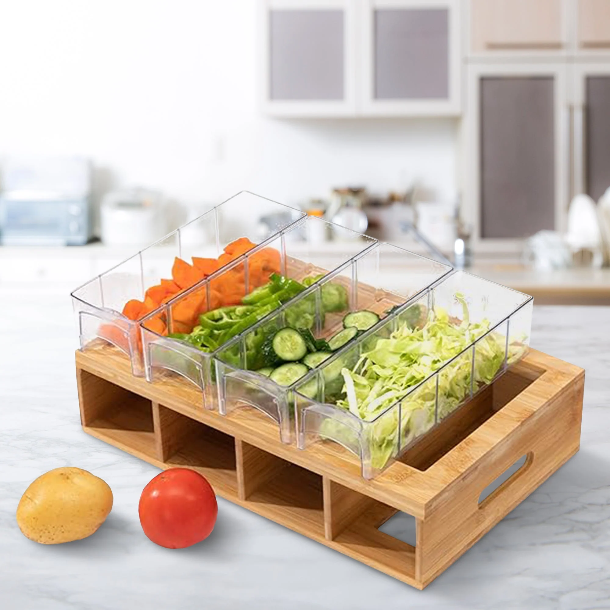 Cheer Collection Bamboo Cutting Board with 4 Slide-Out Storage Trays - Image 4