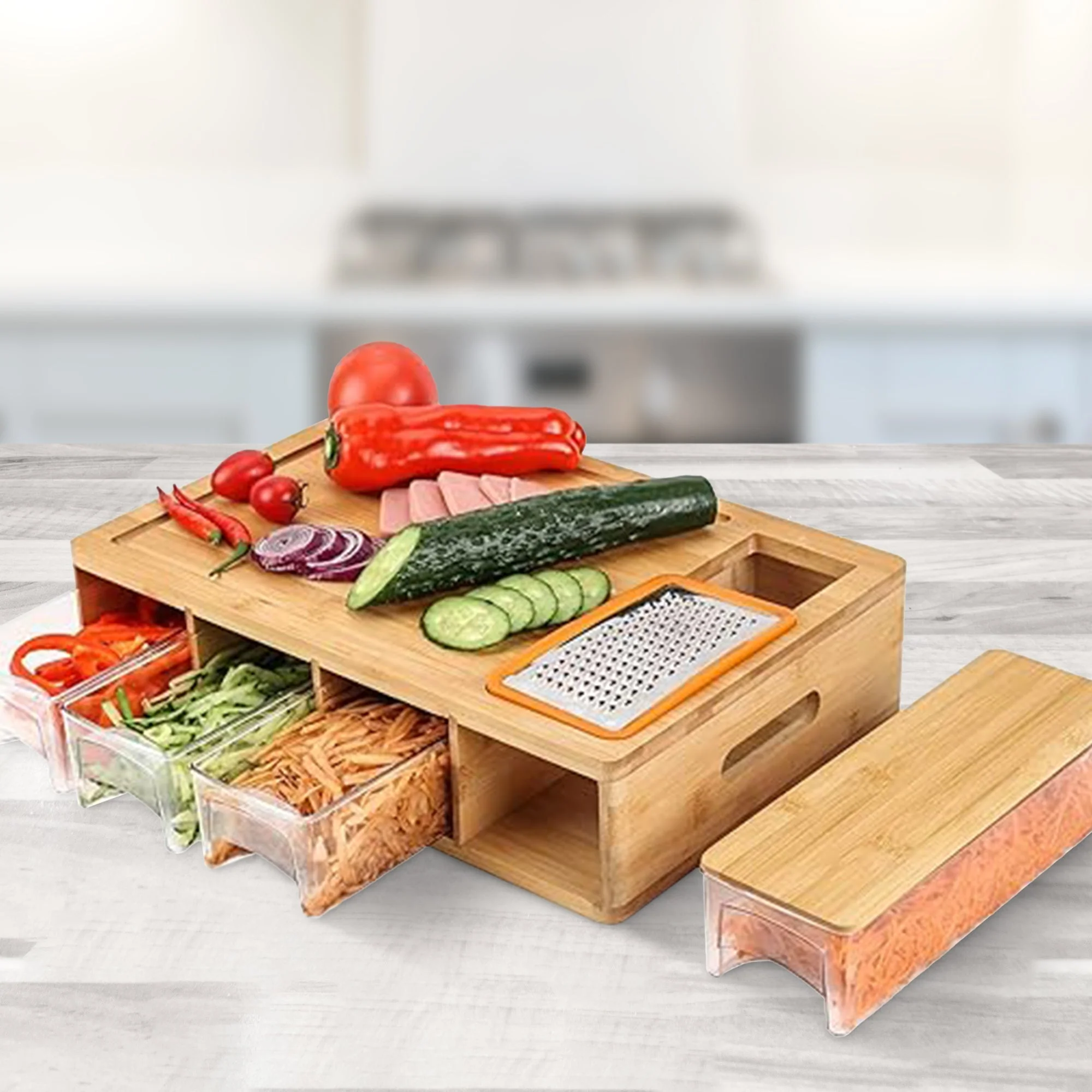 Cheer Collection Bamboo Cutting Board with Integrated Graters and 4 Storage Trays with Lids - Image 3