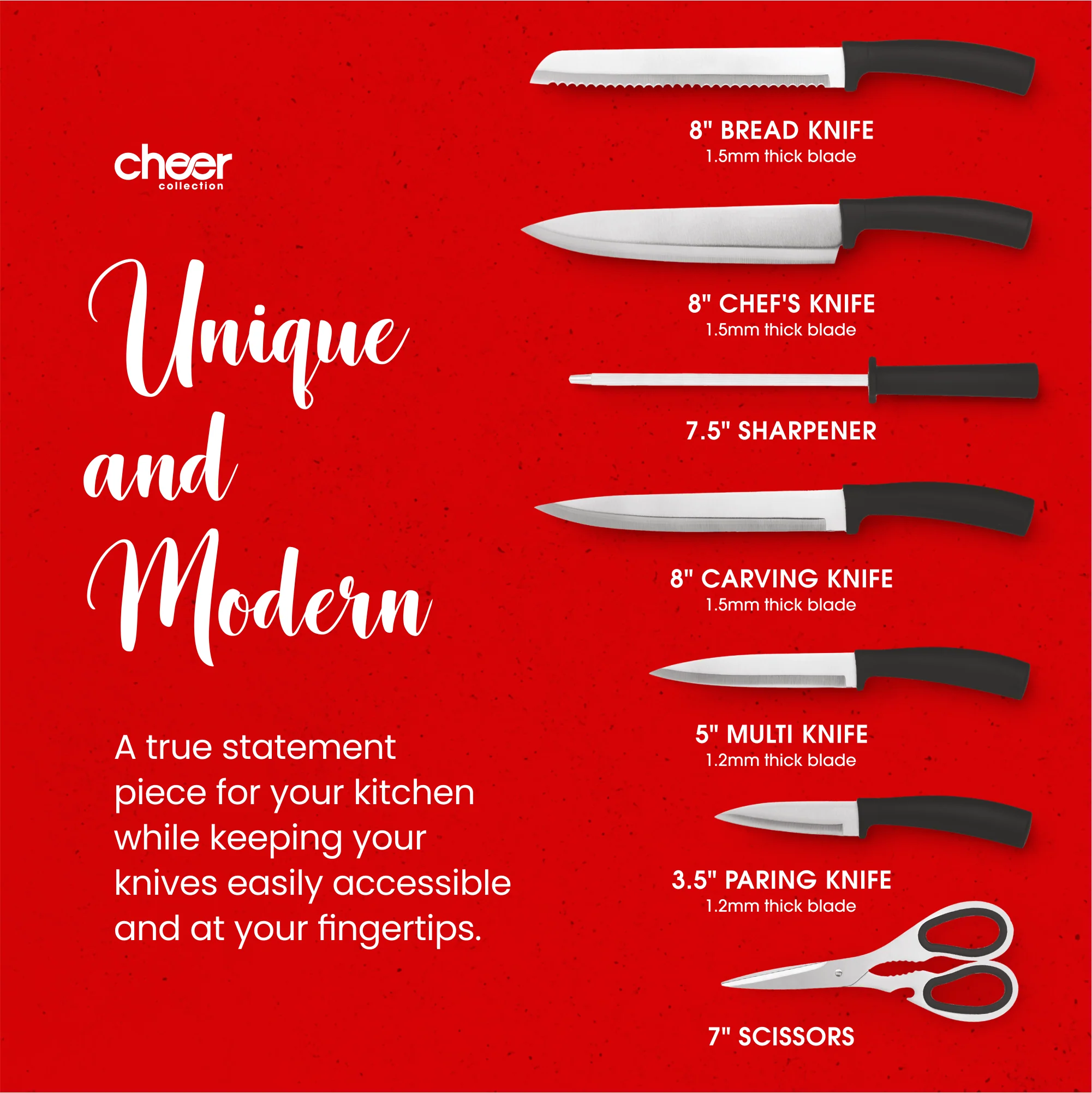 Cheer Collection Chef Knife Set (7 Piece) with Rotating Stand - Sharp Serrated and Standard Blades - Image 2
