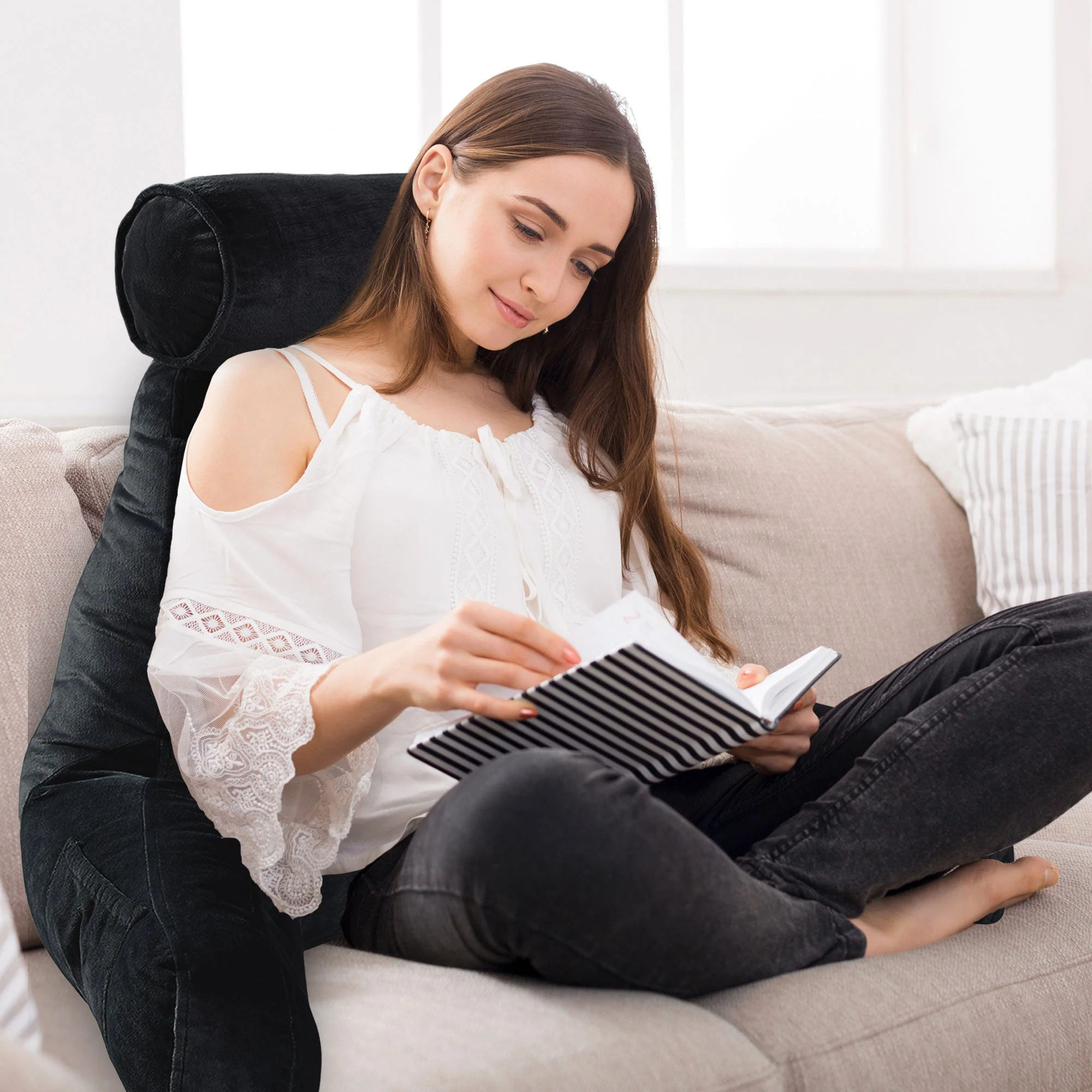 Cheer Collection Extra Large Hollow Fiber TV Pillow and Reading with Bolster & Backrest - Image 4