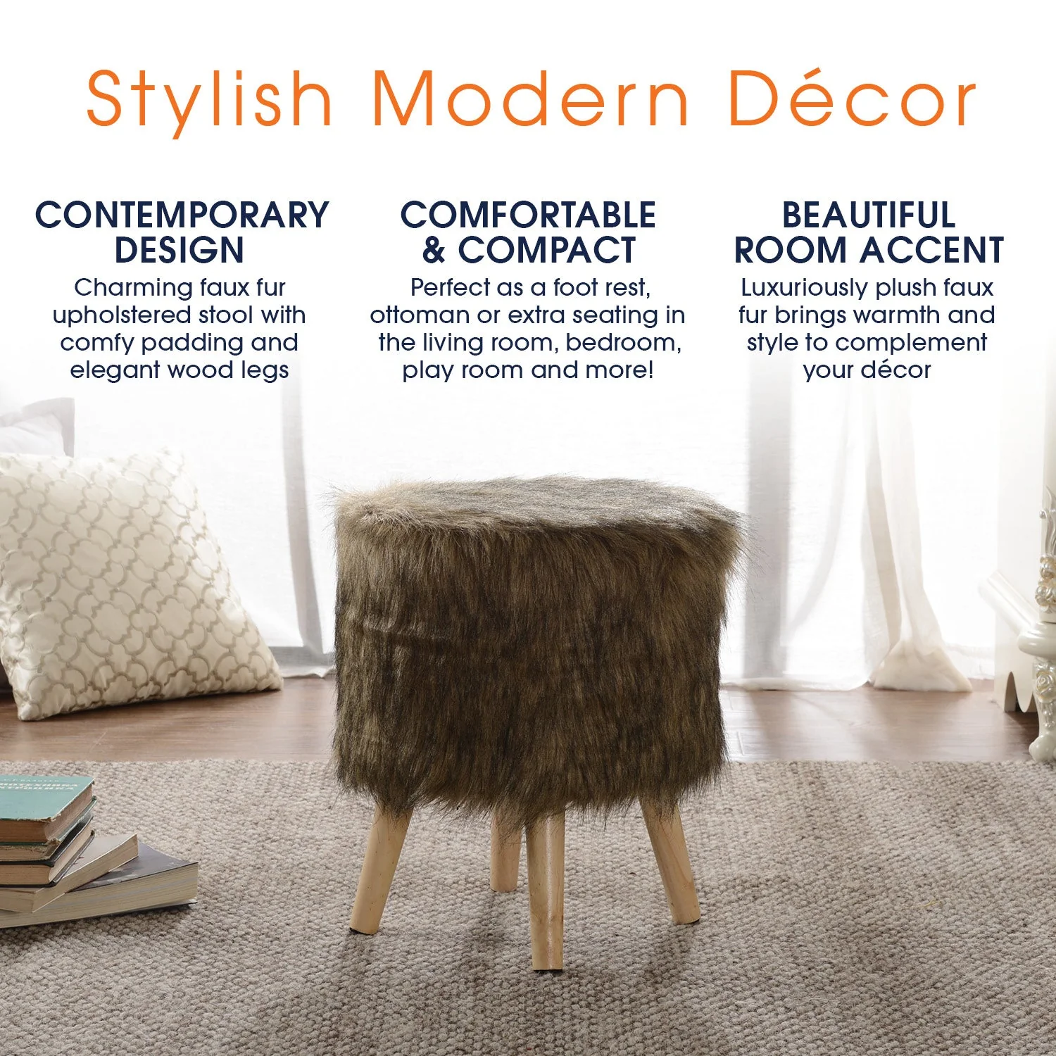 Cheer Collection Faux Fur Wood Leg Stool Brown - Square & Round - Image 6