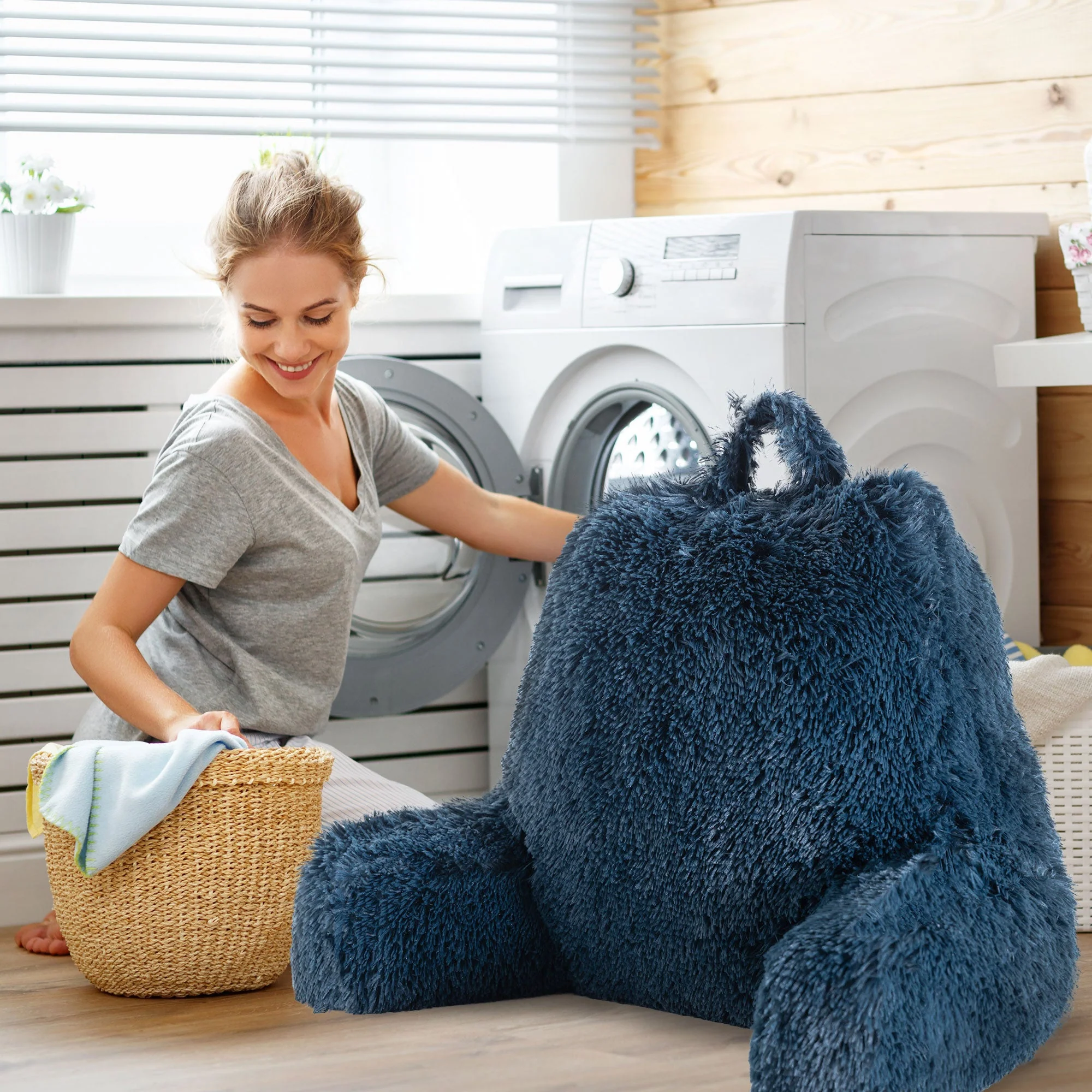 Cheer Collection Fluffy Reading Pillow - Long Shaggy Hair TV and Gaming Pillow with Armrest - Image 42