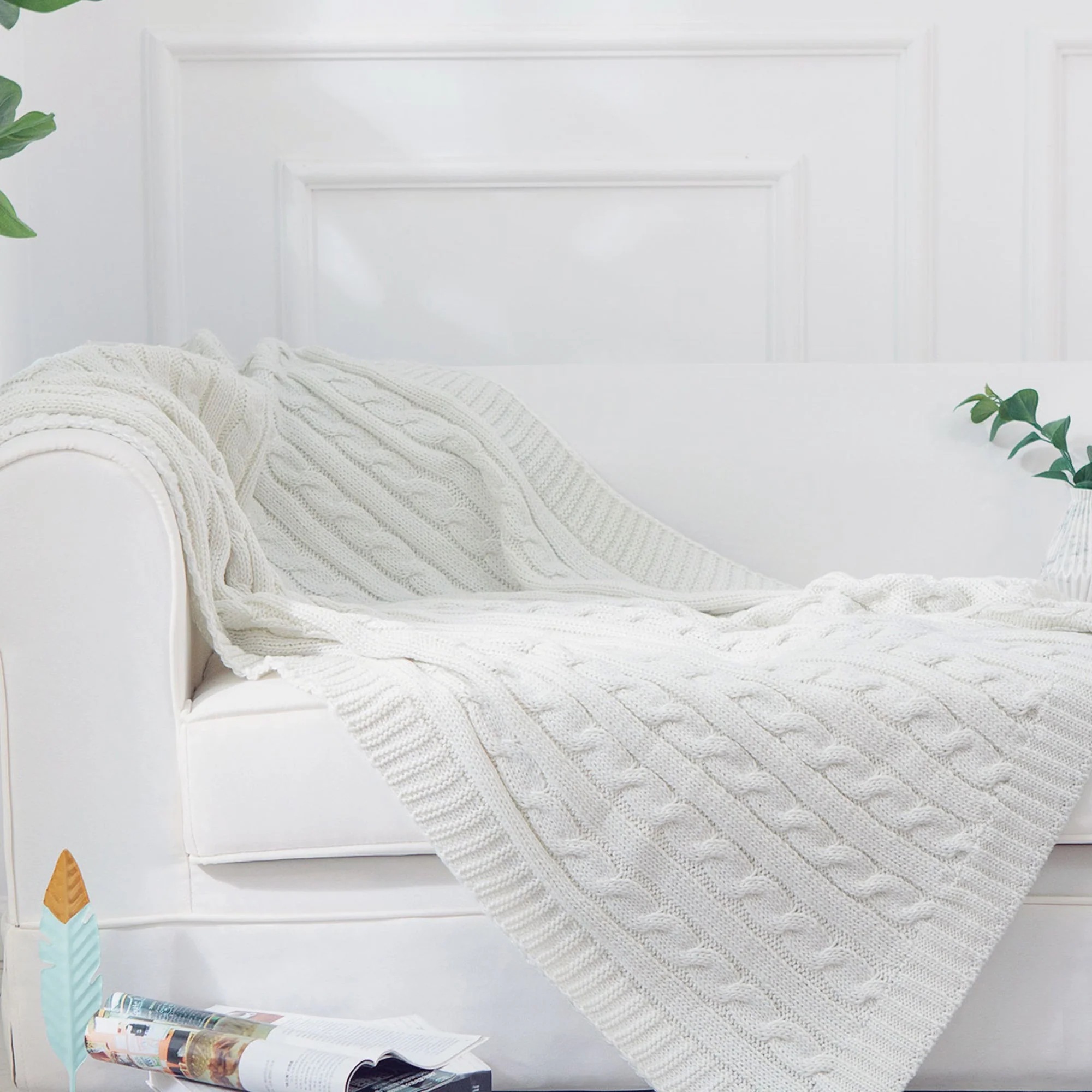 Cheer Collection Knitted Throw Blanket, Soft Cable Knit 100% Acrylic Accent Throw - Ivory, 50" x 60" - Image 2