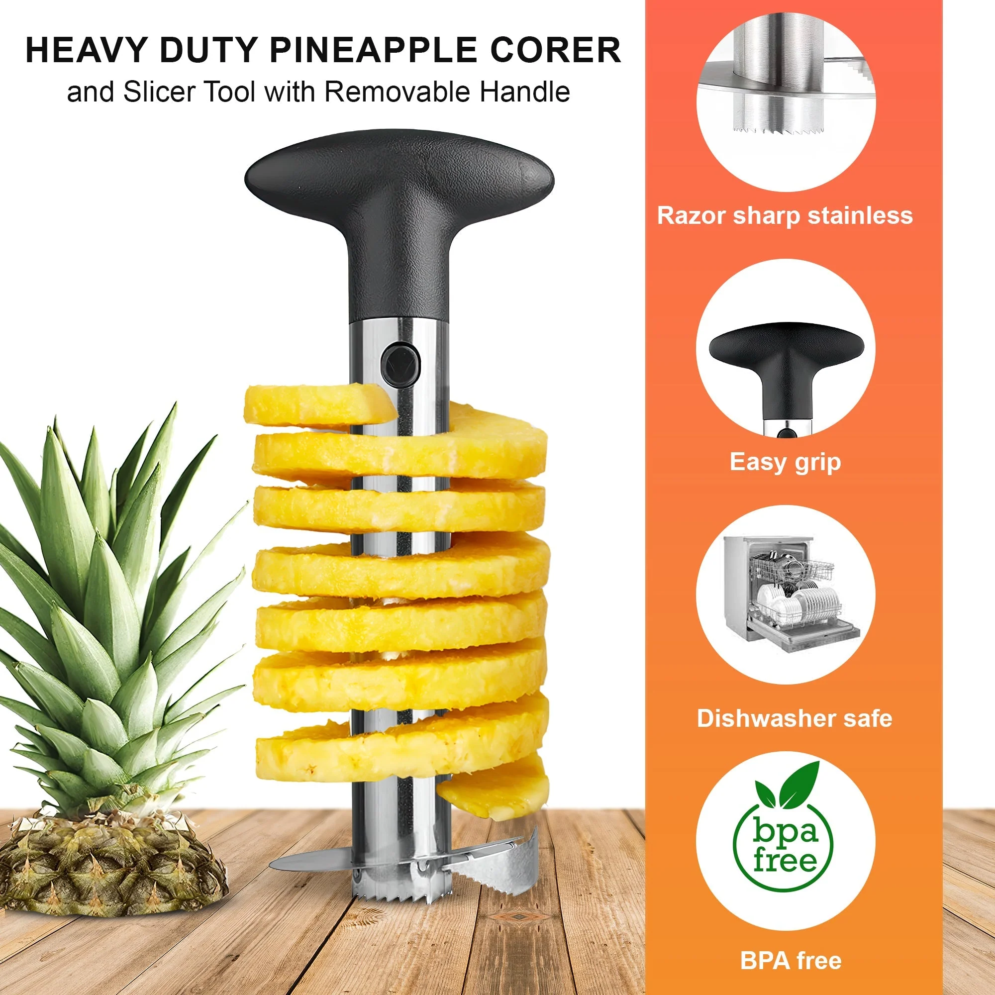 Cheer Collection Pineapple Corer And Slicer Tool, Stainless Steel Pineapple Core Remover with Non Slip Handle - Image 5