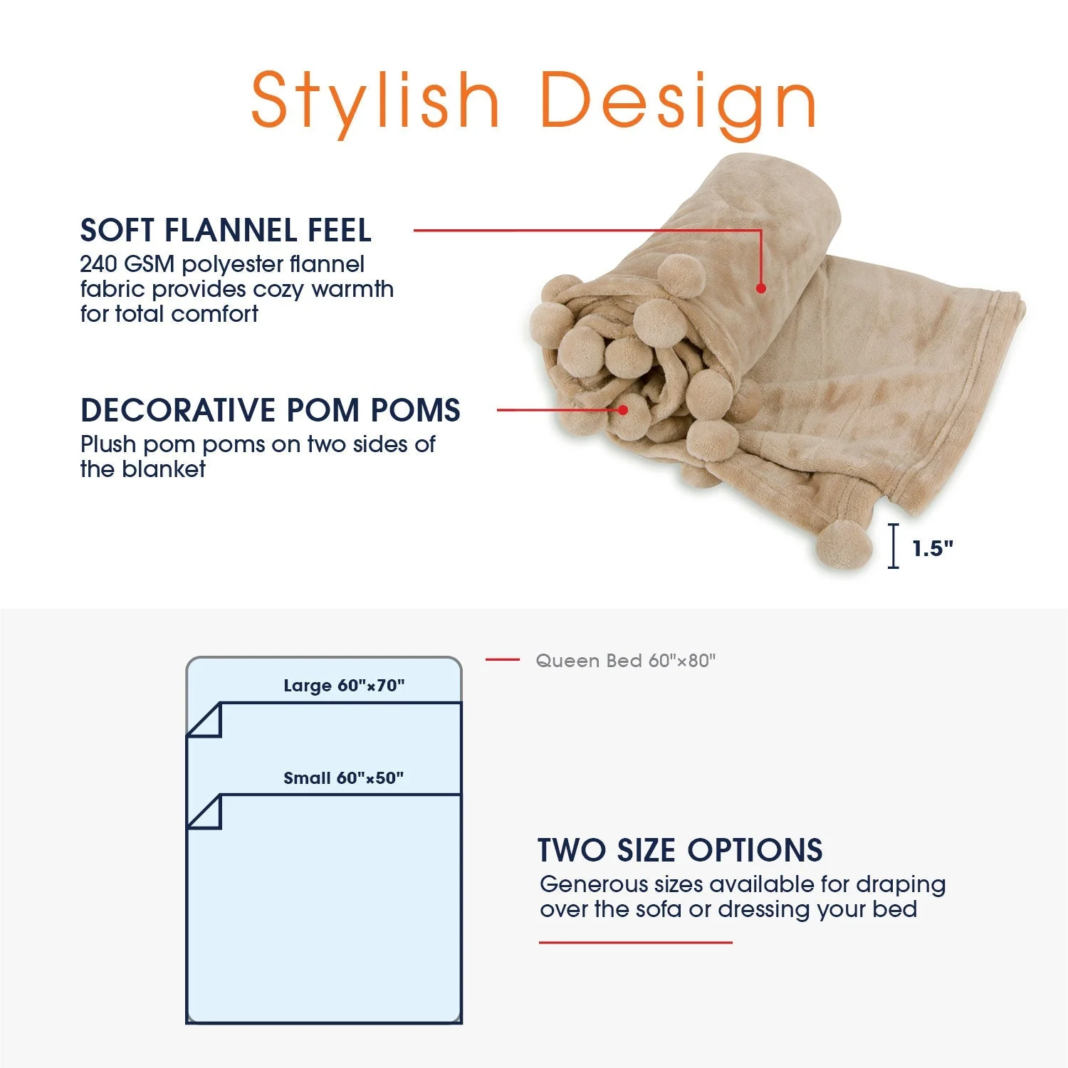 Cheer Collection Pom Pom Flannel Blanket | Ultra Soft on Skin, Lightweight Bed or Couch Throw Blanket with Pompoms - Image 10