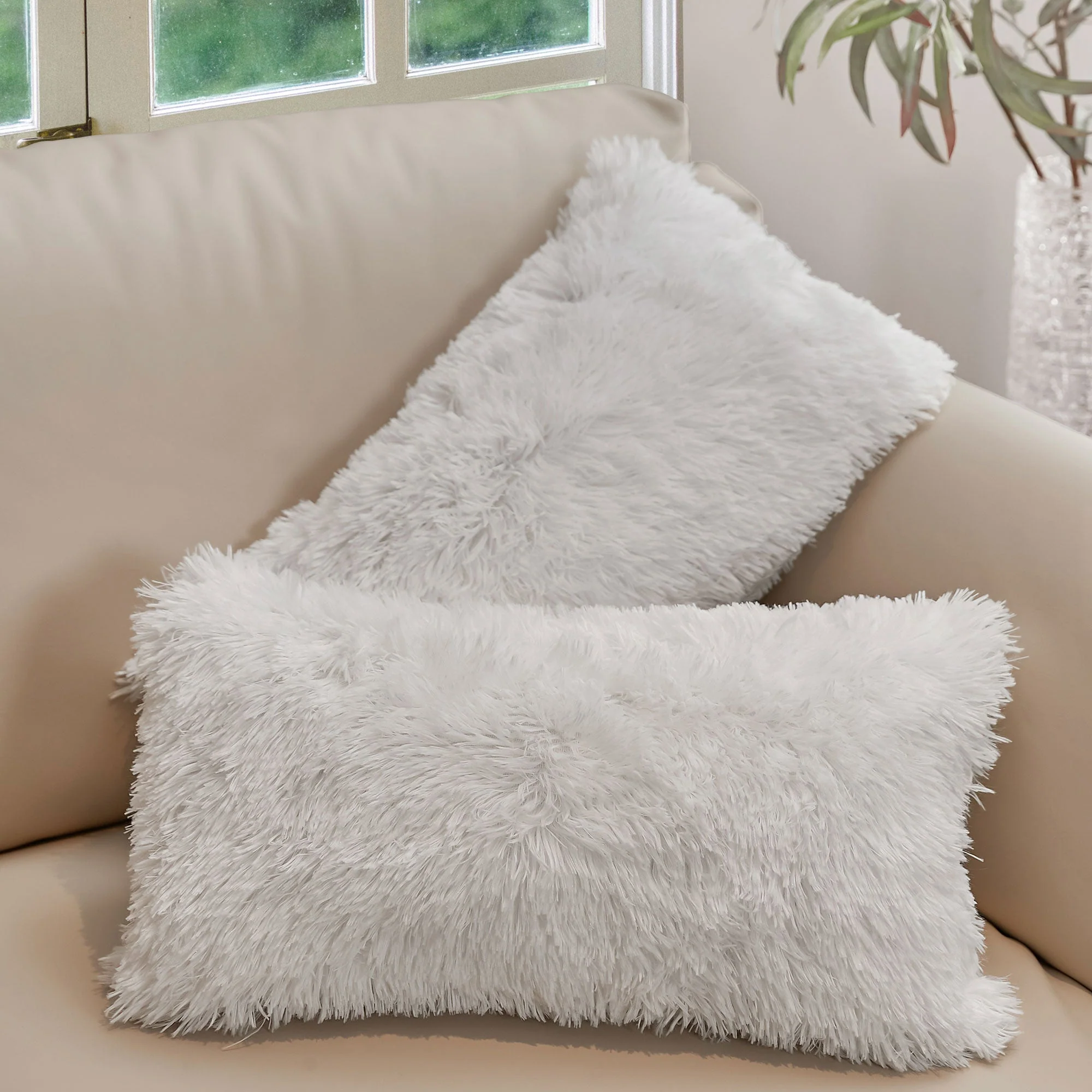 Cheer Collection Shaggy Long Hair Throw Pillows - Super Soft and Plush Faux Fur Lumbar Accent Pillows - 12 x 20 - Set of 2 - Image 85