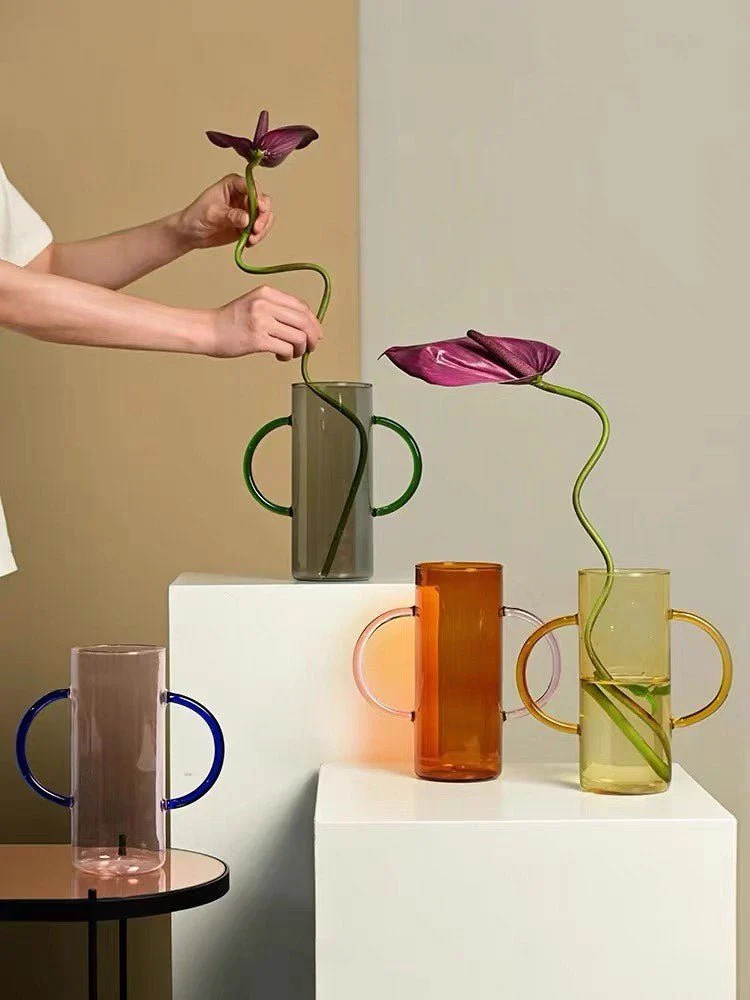 Dual-handle Dopamine Glass Flower Vase - Whimsical Table Setting Centerpiece