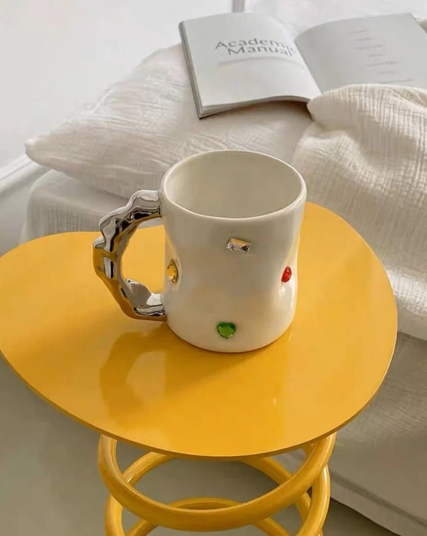 Handmade Ceramic Gemstone Couple Coffee Mugs with Wavy Handle - Image 8