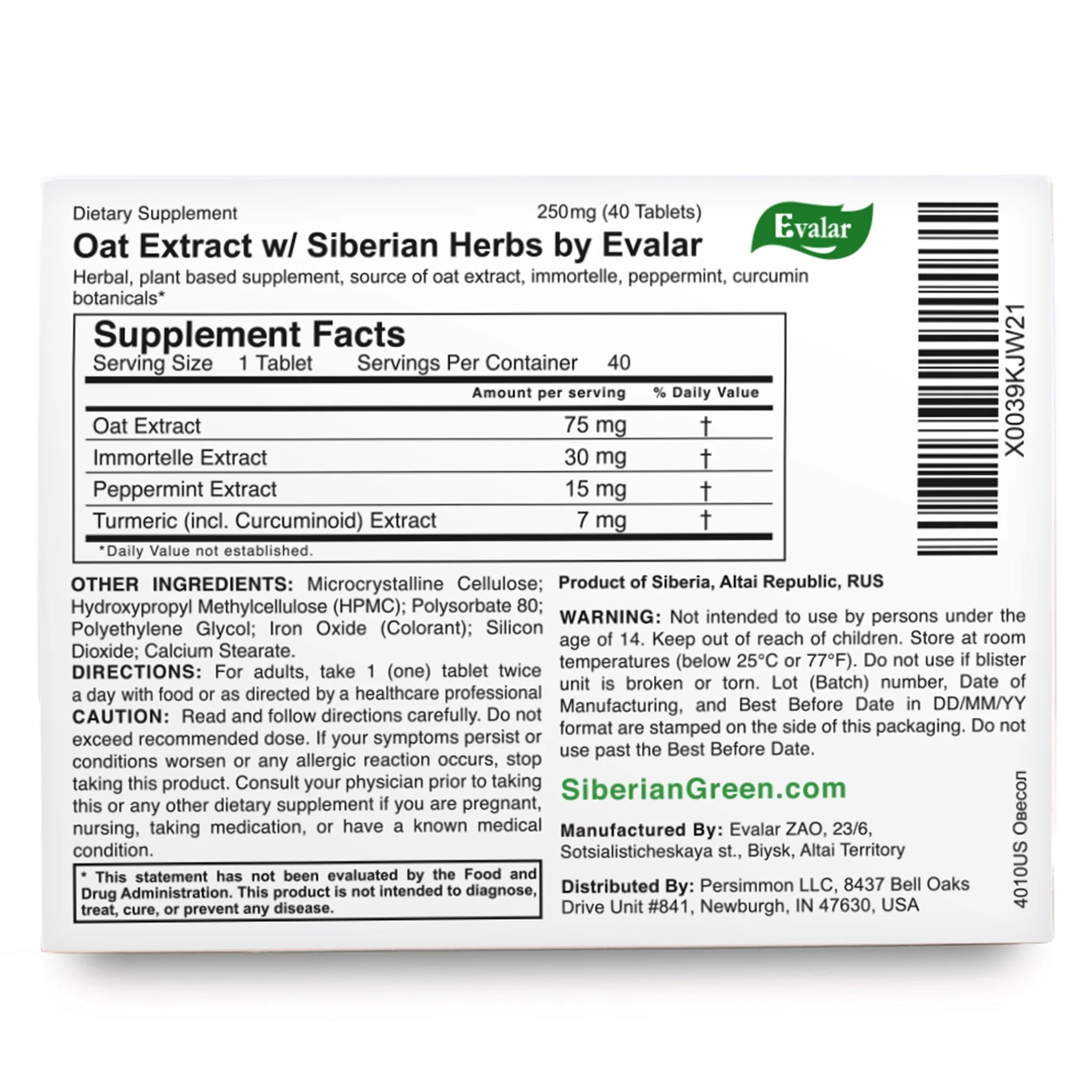 Oat Extract with Herbs by Evalar Ovesol 40 Tabs - Image 3