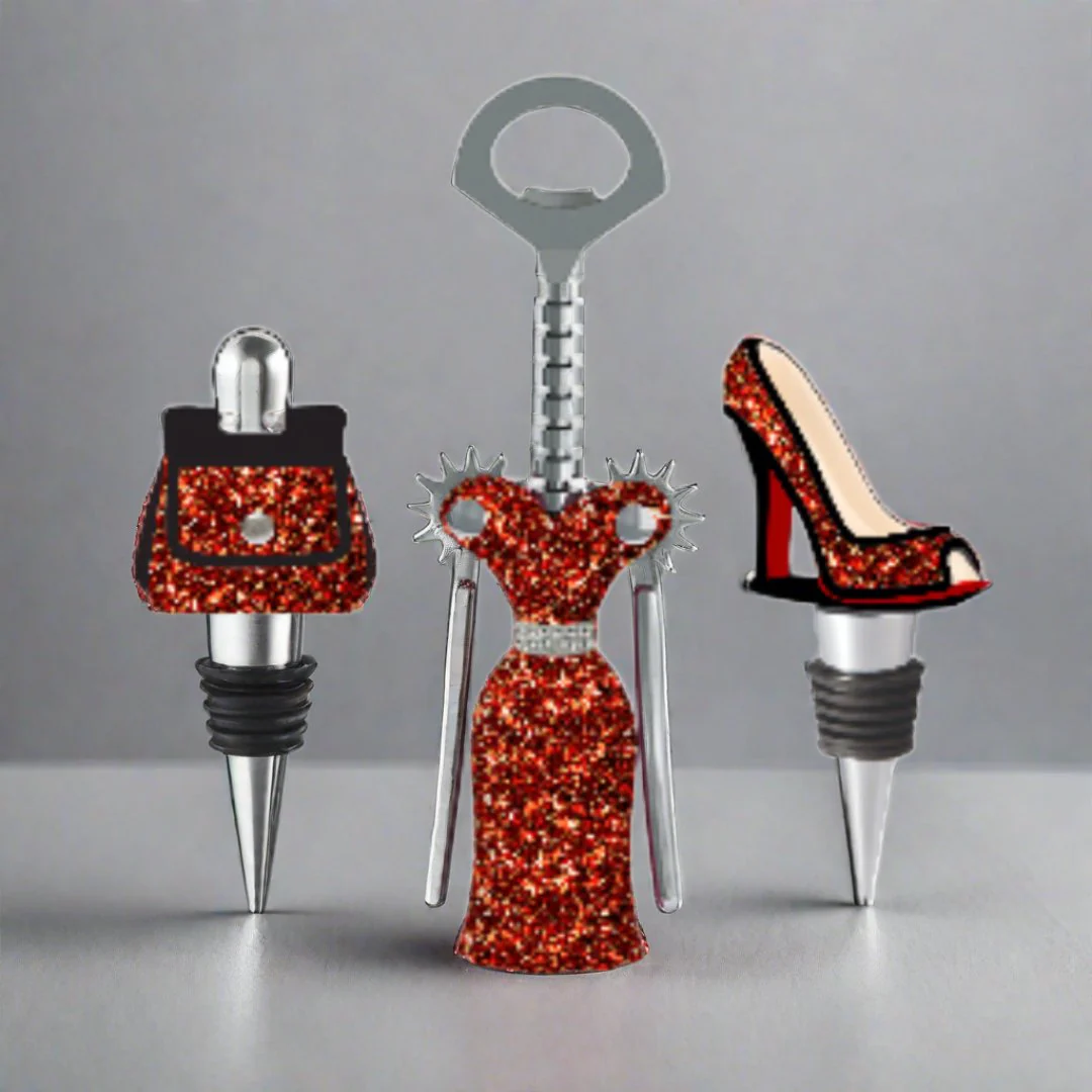 Red and Gold Corkscrew and Wine Stopper Set - Image 2