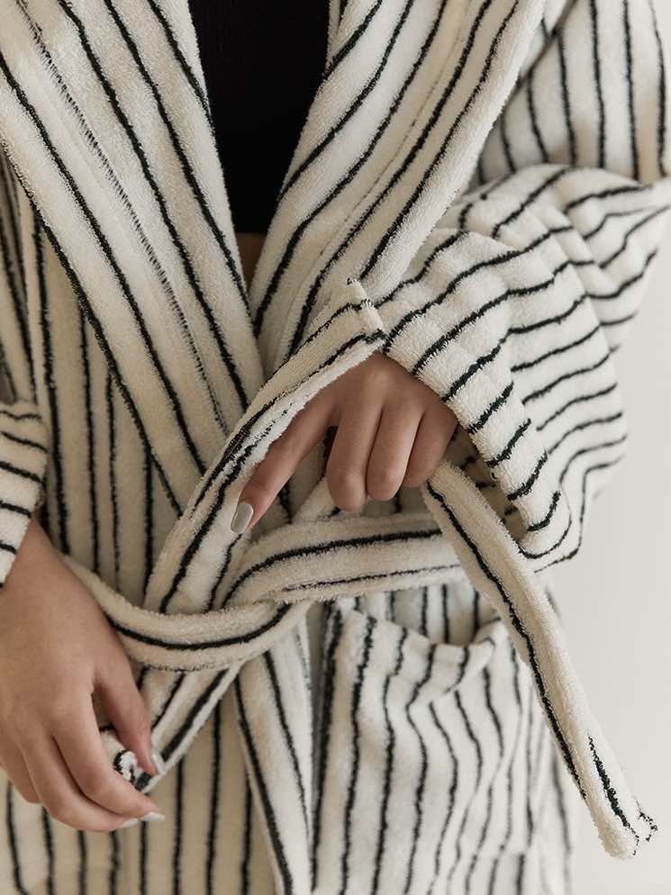 Retro 100% ORGANIC Long-stapled Cotton Hooded Stripe Bath Robe - Image 8