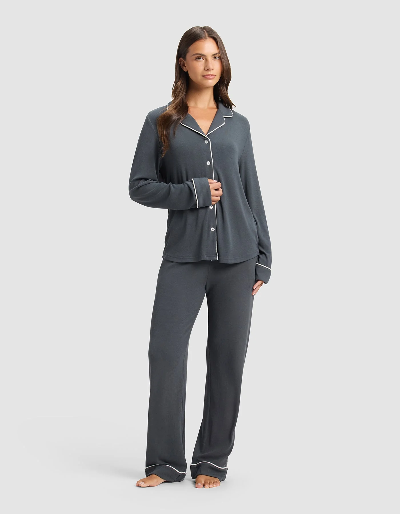 Women's Bamboo Rib-Knit Classic Long Sleeve Pajama Set - Image 3